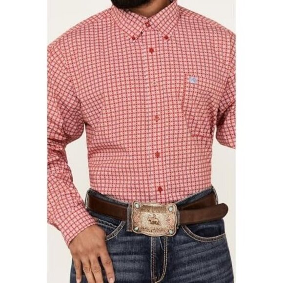 Cinch Men's Long Sleeve Geo Print Button Down Western Shirt Red - Picture 1 of 3
